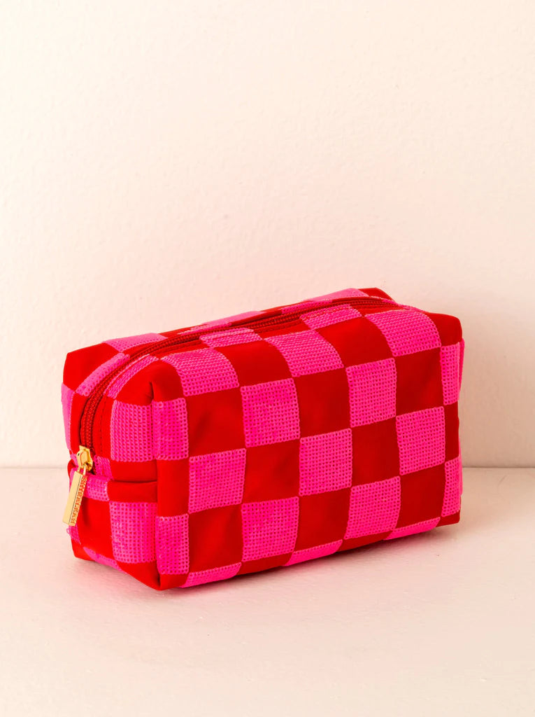 Zip Pouch - Checker, Pink and Red Cosmetic Bag