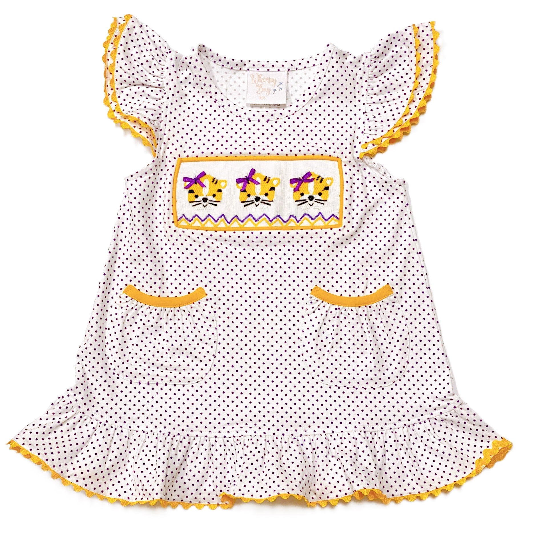 Girls Smocked Tiger Flutter Dress | Purple & Gold | 12m-4T Girls Smocked Tiger Flutter Dress | Purple & Gold | 12m-4T