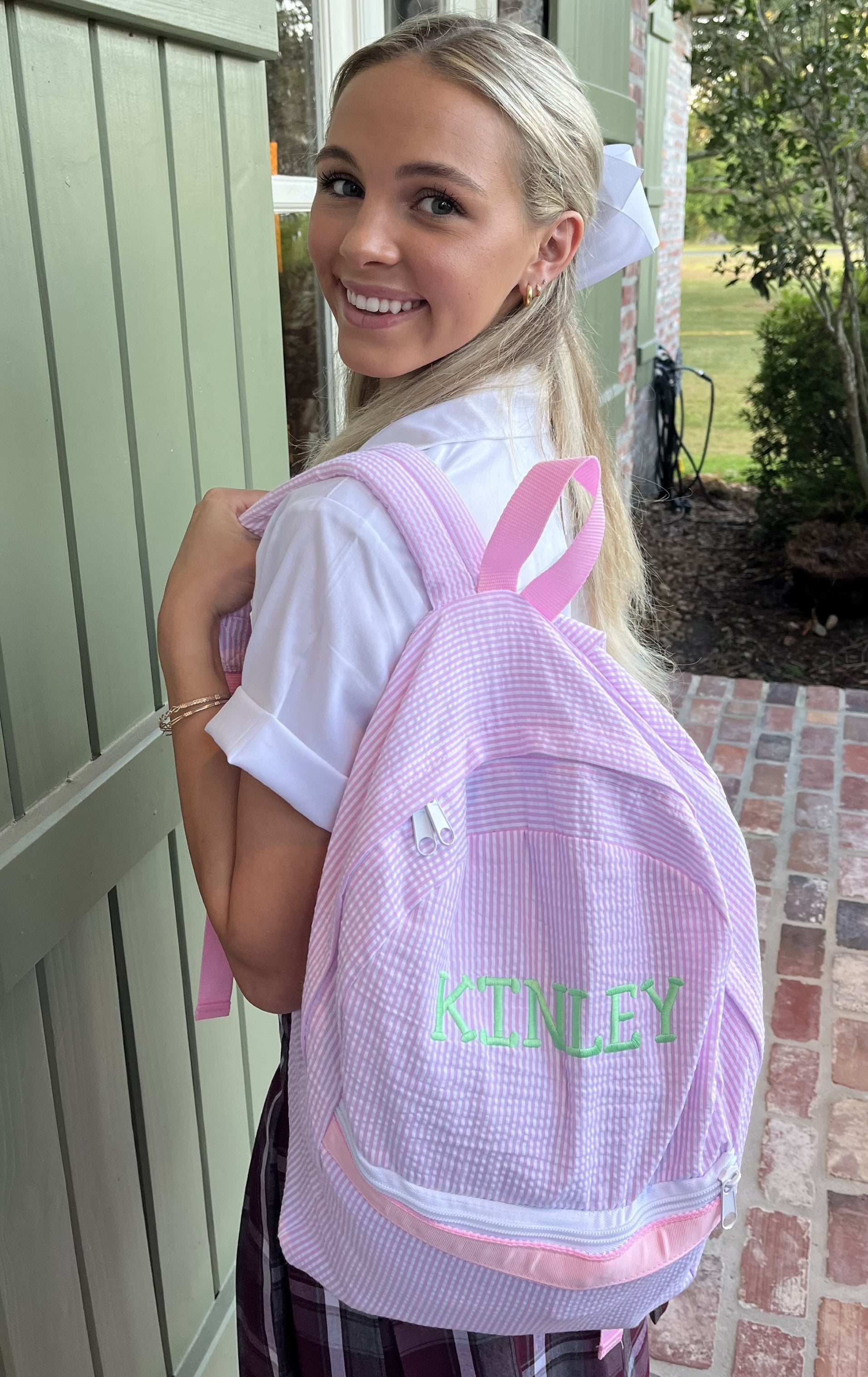 carol mini backpack with central zip in pink Seersucker Backpack