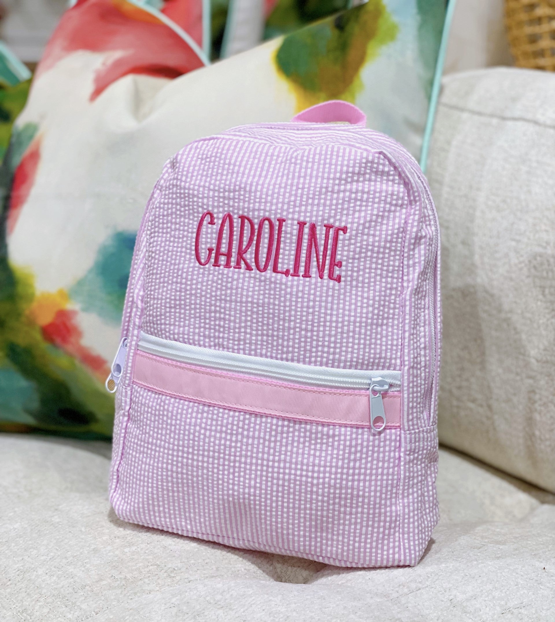 carol mini backpack with central zip in pink Seersucker Backpack